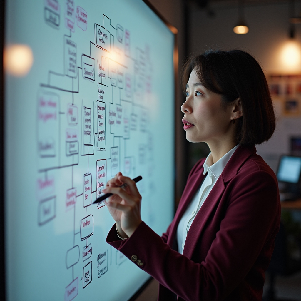 Creative workspace showing indexing decision process mapped on a wall board